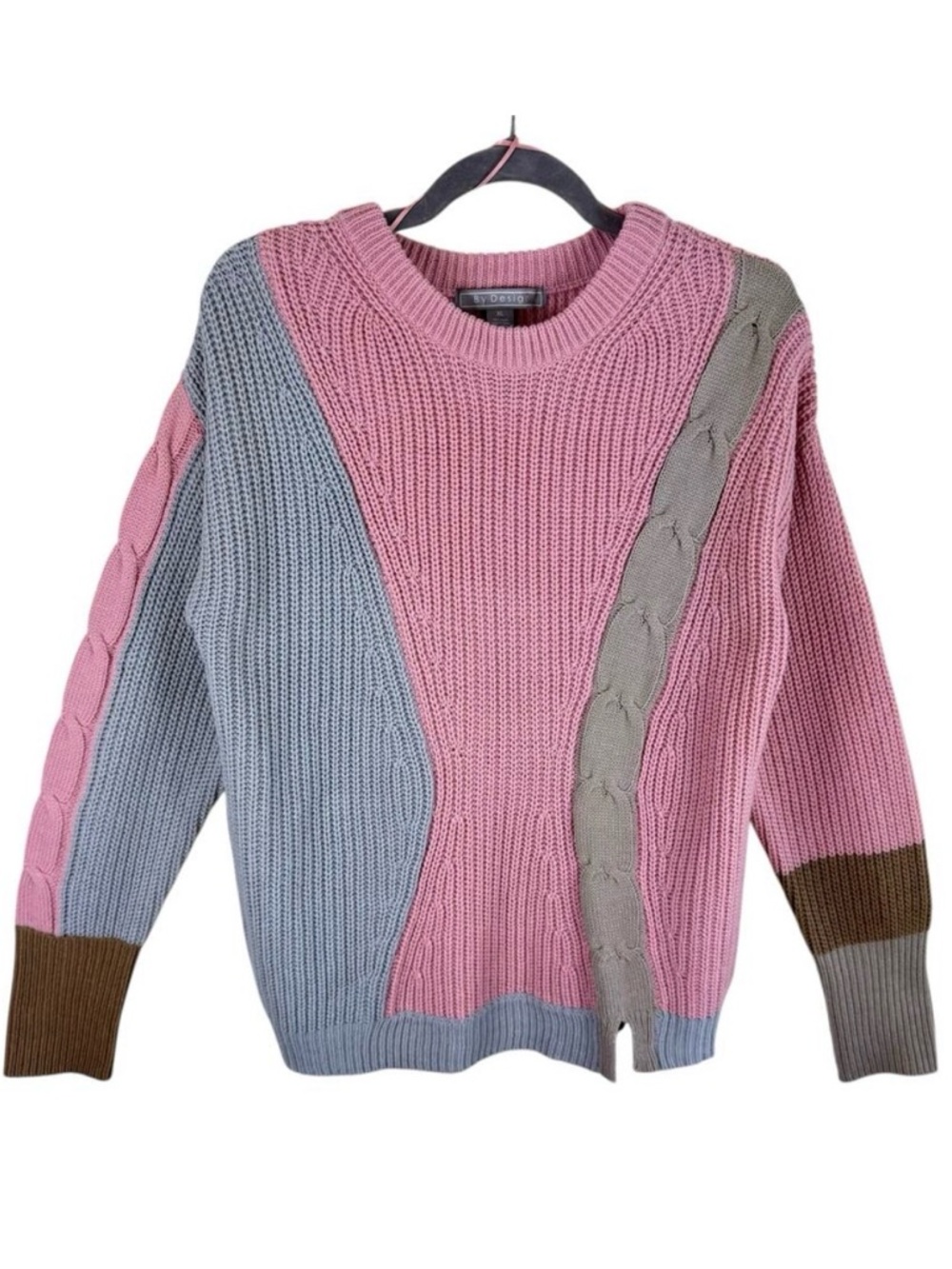 By Design Pink Gray Tan Colorblock Chunky Knit‎ Crew Neck Sweater Cozy Size XL